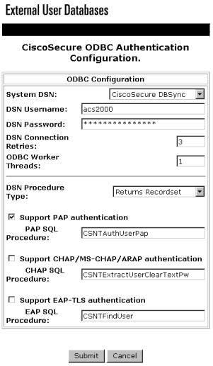 ACS Configuration- Create External DB Config The first step in configuring the Cisco Secure ACS is to create an instance of the ODBC external authenticator.