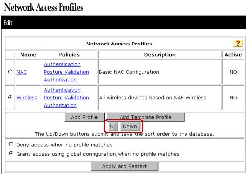 Policy Order Upon receipt of a network access request, ACS will traverse the ordered list of active profiles, and map the request to the profile first matched strategy.