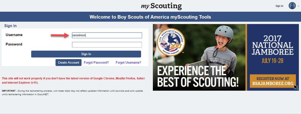 Once security questions or personal information is validated, the system will redirect you to the my.scouting.