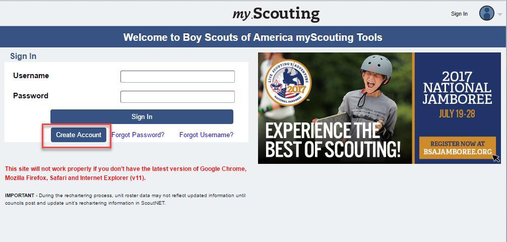 You must have an account to access certain tools and services. You can also login using your myscouting.scouting.org username and password.