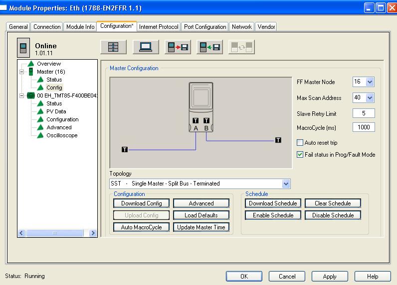 Chapter 2 Set Up in RSLogix 5000 Software Master Configuration 1. Open the master configuration page from the config tree to access the linking device master configuration settings. 2. Choose the Topology for the master linking device.
