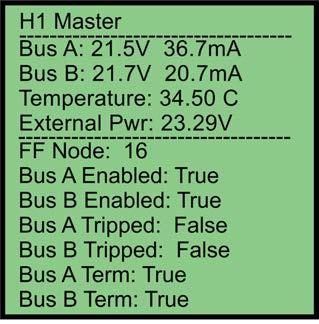 Appendix A Linking Device Display Status H1 Master Page The next page accessed by the Page button is the H1 Master page. Bus A/B: Displays the bus voltages, currents, and bus status.