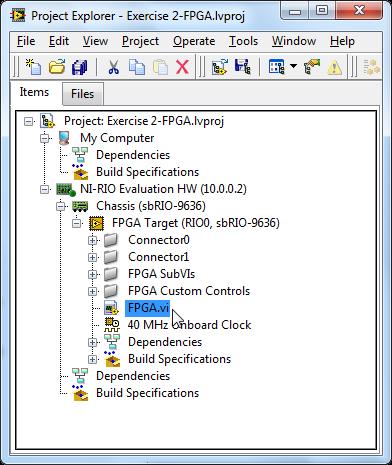 3. Expand out the NI-RIO Evaluation HW target and Chassis in the Project Explorer to expose the FPGA target. 4. Double-click on FPGA.vi to open up the existing LabVIEW FPGA application. 5.