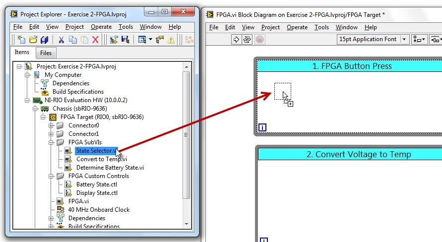 7. To re-use Intellectual Property (IP) already built for LabVIEW FPGA button selection navigate back to the Exercise 2-FPGA project window, expand out the FPGA SubVIs folder, and drag the State