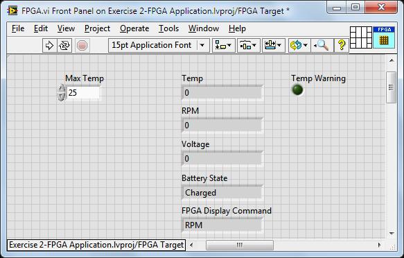 13. To communicate with the real-time application, switch to the front panel of the FPGA VI and drag in the following controls and indicators from the directed location and rename with the exact