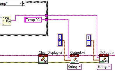 12. To control what is written to the LCD screen, wire the pink string values from the edge of the case structure to the text input terminals on each respective Output VI as shown below. 13.