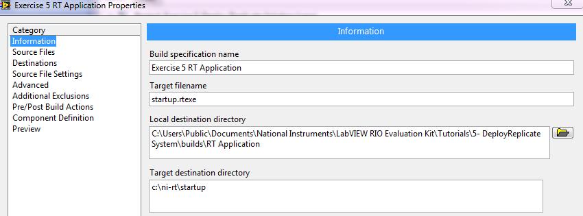 In the dialog window, enter the Build specification name as Exercise 5 RT Application. 8. Set the Local destination directory as.\5- DeployReplicate System\builds\ RT Application. 9.
