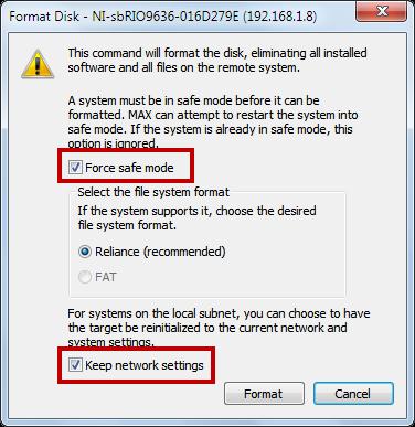 10. Check the boxes to Force safe mode and to Keep network settings, then click Format.