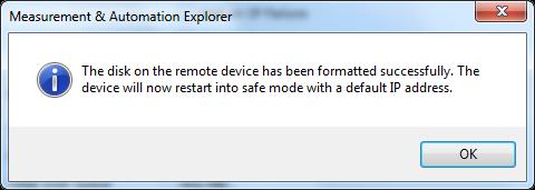 11. Once you have successfully formatted the device the following dialog window will appear. Note: The reboot will take about a minute to complete. 12. Click OK and then go back into the RAD Utility.