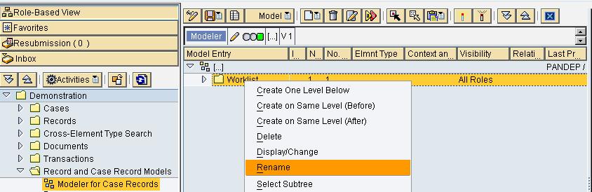 Then choose Create menu option (select Modeler for Case Records ->right-click ->choose Create) for element type Modeler for Case Records (Demonstration -> Record and Case Records Models -> Modeler