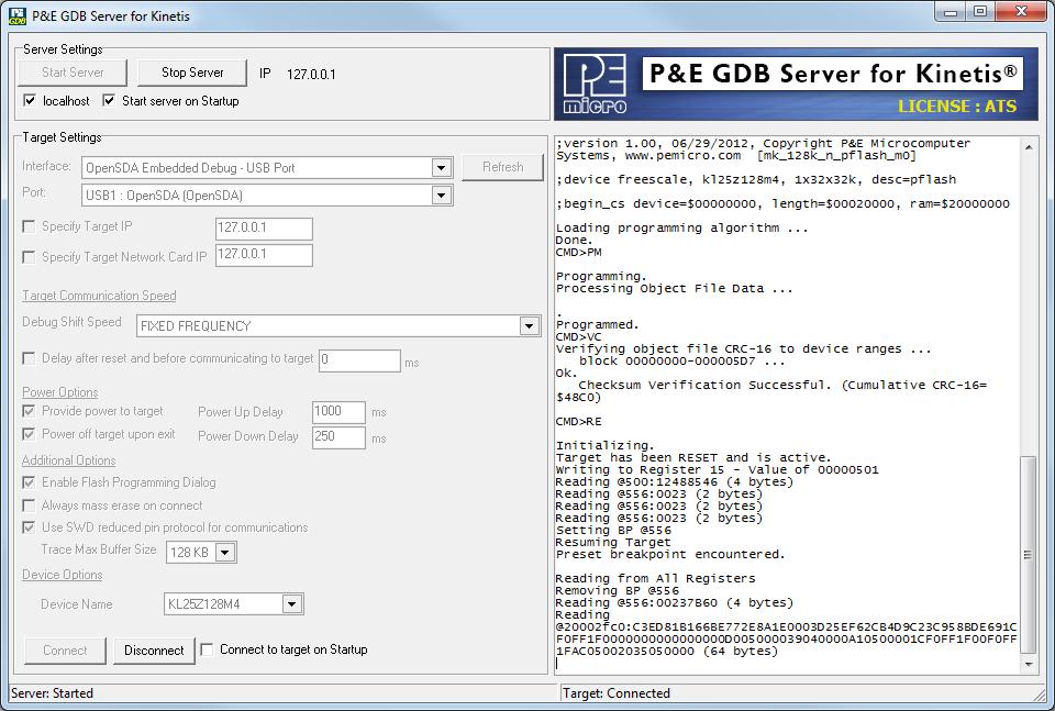 Figure 4 - GDB Server User Interface - Licensed The default TrueSTUDIO GDB script for PE Micro GDB Server will load the program, set a breakpoint at