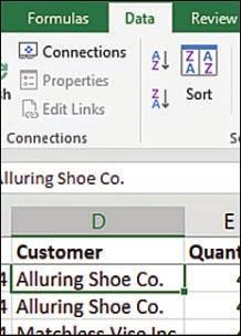 246 Chapter 10 Sorting Data 3. Select a cell in the next column to be sorted (in this case, the Customer column). 4 4. On the Data tab, click the A to Z button. 5.