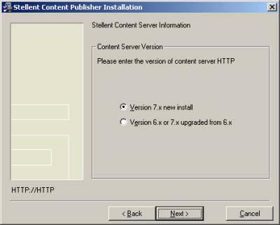 Configuring Content Publisher 9. If you are configuring Content Publisher to run with a new installation of a version 7.x content server, accept the default Version 7.x new install.