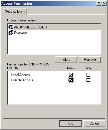 Setting Up Site Server 6. Select ANONYMOUS LOGON under Group Or User Names. 7. Under Permissions for ANONYMOUS LOGON, select Remote Access in the Allow column. 8. Click OK to close the dialog box. 9.