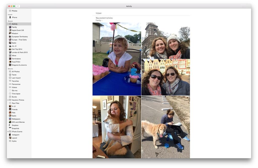 If you want to add your family's images from this shared stream to your Photos library, you'll first need to turn on the sidebar in Photos by going to View > Show Sidebar from the menu bar.