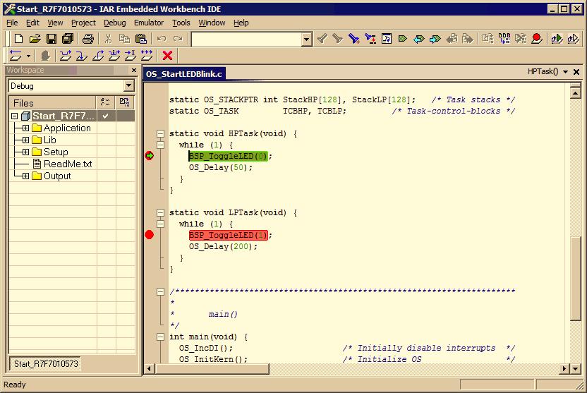 14 CHAPTER 1 Using embos Before you step into OS_Start(), you should set two breakpoints in the two tasks as shown below.