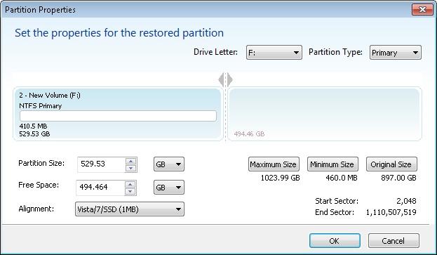 You can now modify the size of the target partition by clicking the link 'Restored Partition Properties'. This gives the following dialog.