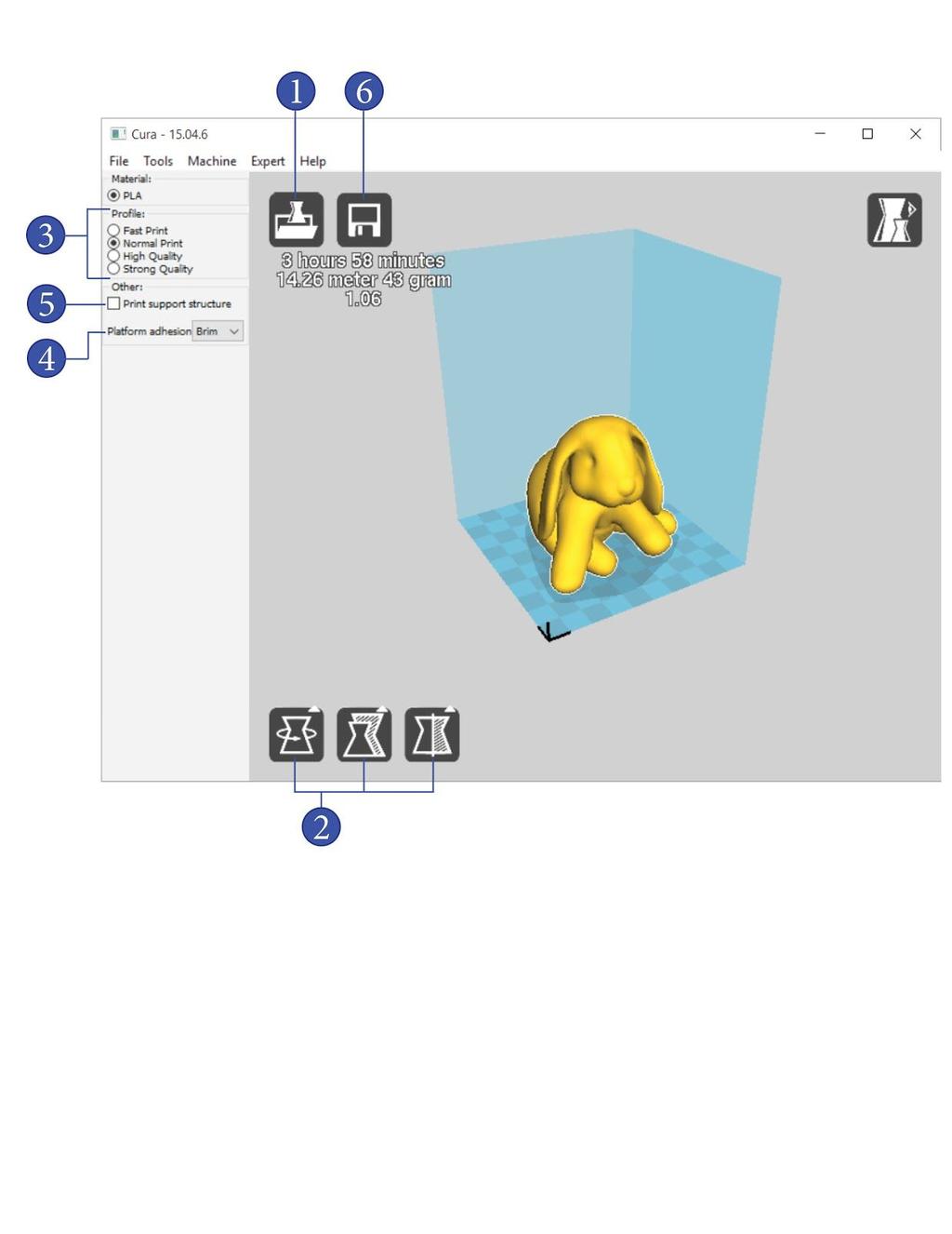 User Interface 1. Load your model file; see Load File 2. Move, Scale, or Rotate your model; see Transform 3. Choose a print quality setting; see Quality Settings and Examples 4.