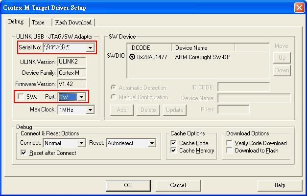 5. Click the Settings button to open the Cortex-M Target Driver Setup dialog. a. Select the debug adapter Serial No from the drop-down menu. b. Select Port as SW or JTAG.
