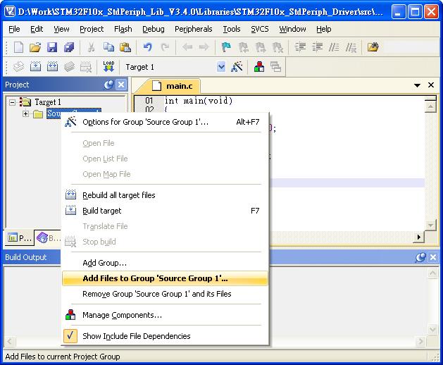 3. Right click on the Source Group and select Add Files to Group to add the main.c file into the project.