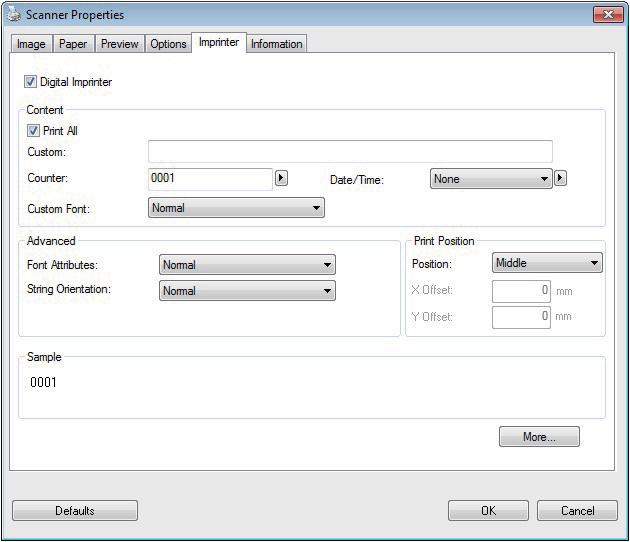 Scan Using Your Computer Imprinter settings Click Setup, and then click the Imprinter tab to print alphanumeric characters, date, time, document count and custom text on your scanned images.