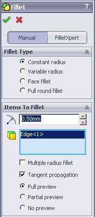 N. Fillet Edge Constant Radius. Step 1. Click Fillet on the Features toolbar.