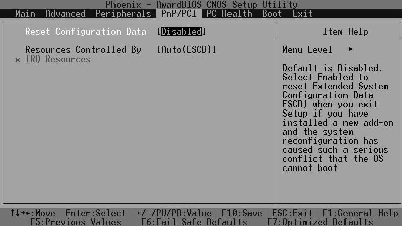 4.7 PnP/PCI Configuration Setup Figure 4 PnP/PCI menu Resource controlled by The Award Plug and Play BIOS has the capacity to automatically configure all of the boot and Plug and Play compatible
