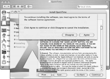 When you click the Continue button on the Software License Agreement window, a window prompts you to agree or disagree, as shown in Figure 12-2. If you click Agree, the next screen appears.