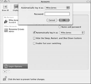 Mac OS X Basics 3 6. Click the Accounts icon in the System row to show the Accounts pane in the System Preferences window, as shown in Figure 1-3. Click the Login Options below the list of user names.