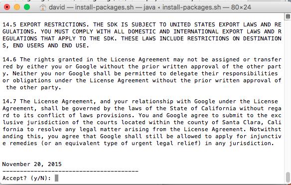 Type y (for yes) followed by Enter to agree with the license agreement.
