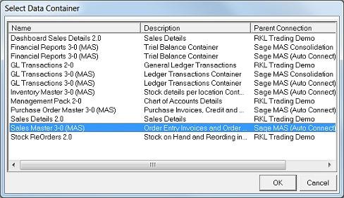 5. Click OK and the Select Data Container window opens. 6. Select the data container from which you want to source your data; e.g., Sales Analysis. The Choose Column fields window opens.. 7.
