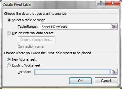 Make sure that Select a table or range is selected. When pivoting data from a source data sheet where the data was rendered by Sage Intelligence, always use the named range Sheetname!RawData.