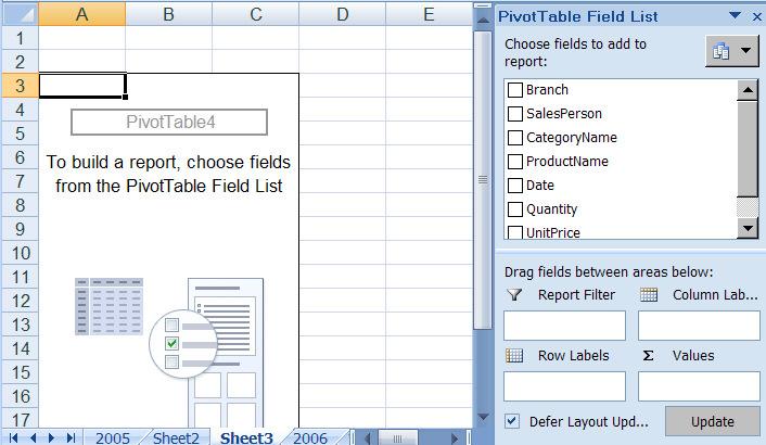 5. Select where you want the Pivot Table to go, either in an Existing Worksheet or New Worksheet 6. Select OK 7. A blank Pivot Table will now be displayed. 8.