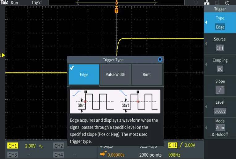 The default trigger type is Edge with a rising slope. The default level is 0V. This is shown in yellow in the lower right of the display. 5. Adjust the Trigger Level toward the center of the waveform.