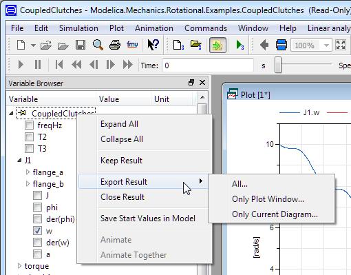 Export result commands restructured in the variable browser top-level nodes context menu In previous versions, either all variables, or the variables plotted in the active plot diagram could be