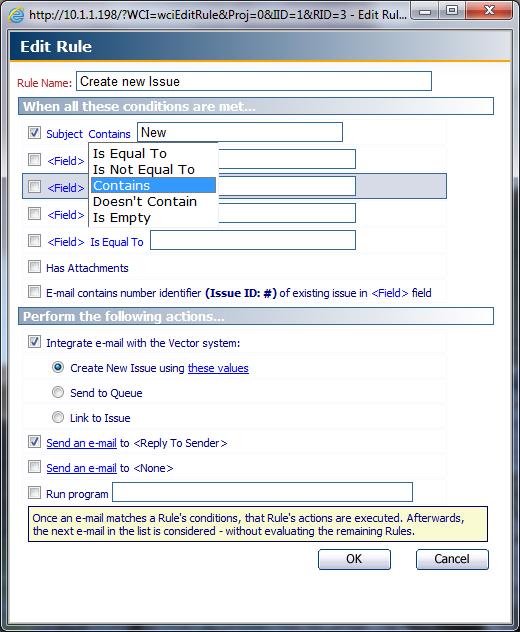 To create an e-mail rule: In the Mail Handling section, click the Add button. The Add Rule window is displayed.