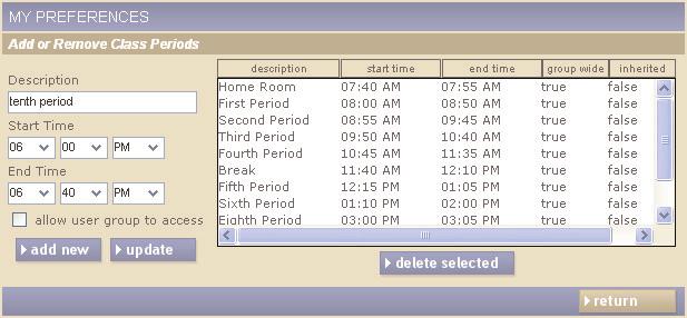 Favorite rooms Time zone Conference settings Personal contacts Time or Class periods Time settings Calendar settings Time or Class Periods (Figure 8) (Figure 8) Time periods significantly decrease