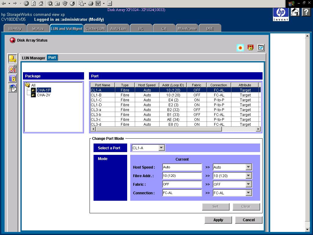 Configuring the Fibre Channel ports Configure the disk array Fibre Channel ports by using Command View (shown) or the Fibre Parameter window in LUN Configuration Manager.