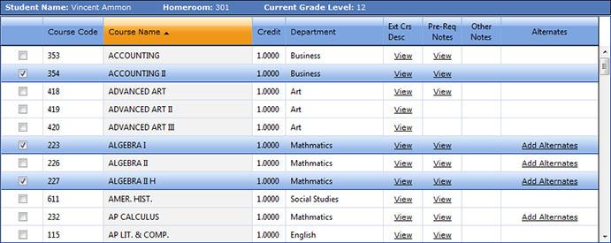 MMS Parent and Student Portals version 3.0.08 3. To request a course, place a checkmark beside the course name in the Selected column of the grid.