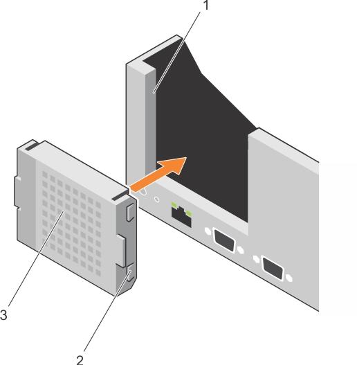 Figure 50. Installing the riser 1 blank 1. slot on the chassis 2. tab (2) 3. riser 1 blank Next steps 1. Install the expansion card risers. 2. Follow the procedure listed in the After working inside your system section.