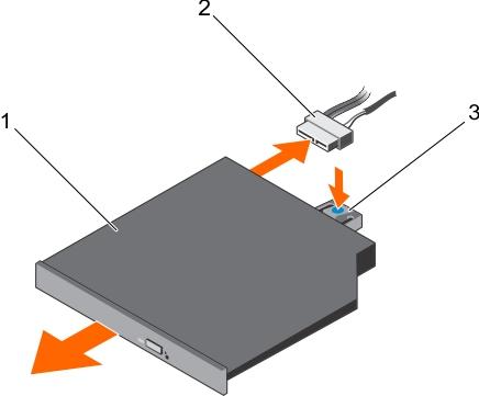 4. If you are not adding a new optical drive, install the optical drive blank. Figure 111. Removing the optional optical drive 1. optical drive 2. power and data cable 3.