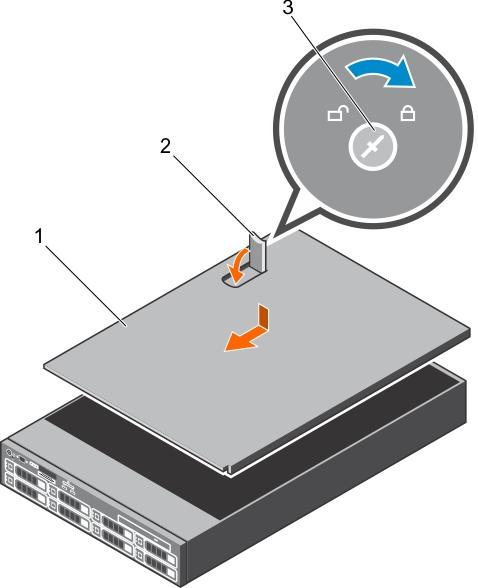 Figure 19. Installing the system cover Next steps 1. system cover 2. latch 3. latch release lock 1. If removed, install the bezel. 2. Reconnect the peripherals and connect the system to the electrical outlet.