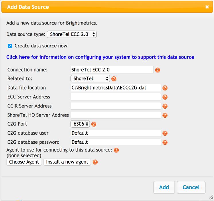 2. Setup ECC Data Sources When you Click on ShoreTel ECC 2.0. this dialogue box will appear. a. Click in this dropdown box and choose ShoreTel ECC 2.0. b. Leave Create data source now box checked unless advised otherwise by Brightmetrics staff.