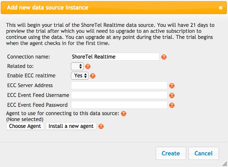 2. Setup Real Time Data Source - ECC Customer a. Once you click Add Data Source Account, choose ShoreTel Realtime as your data source type. b. Choose Yes on Enable ECC realtime.
