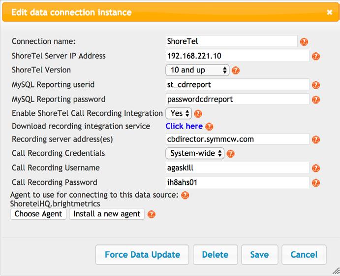 2. Setup Recordings Data Connection a. A dialog box will appear to edit the data configuration. First, select Yes in the Enable ShoreTel Call Recording Integration. b. Click on this link.
