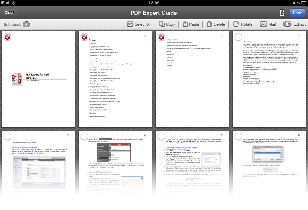 20 Editing pages With PDF Expert one can preview the whole PDF document in thumbnails and add, subtract or copy pages of a PDF. To switch to thumbnail mode, tap Pages button on the main toolbar.