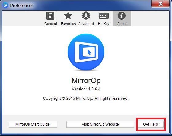 MirrorOp (Sender), click the Settings icon on the upper-left corner of the info panel.