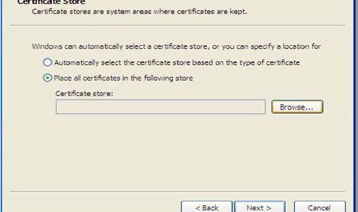 5. Select Place all Certificates in the following store and click Browse button then click Next. 6.