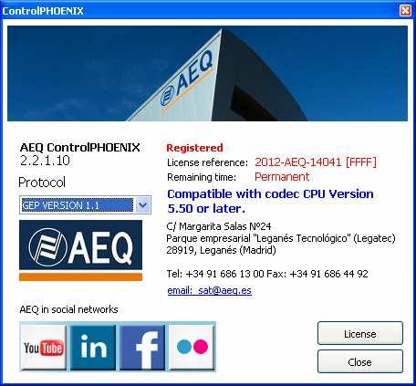 5.1.9.6. About. This option shows information about the application version, as well as the AEQ contact data.