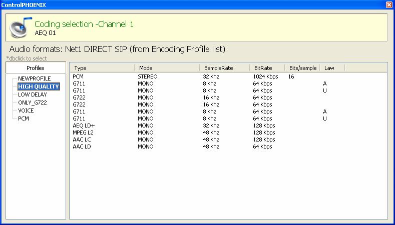 However, when the communications interface is configured in DIRECT SIP or Proxy SIP mode, encoding profiles will be displayed instead of particular coding modes.